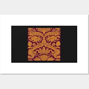 Gold on Burgundy Royal Medieval Damask Scrolls Posters and Art